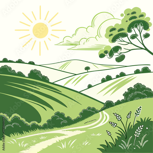 A picturesque landscape unfolds with rolling green hills, a radiant sun, and fluffy clouds, evoking a sense of tranquility and natural beauty isolated on
