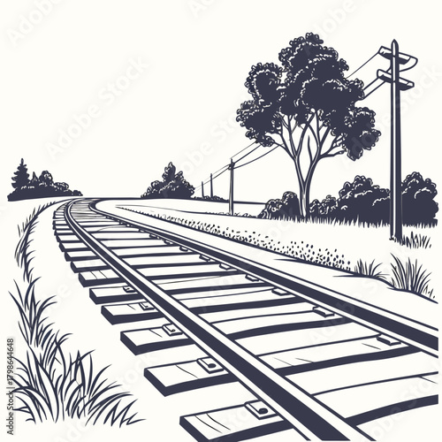Illustration of a straight railway track with trees and telegraph poles in the background, isolated on a simple drawing of a train track