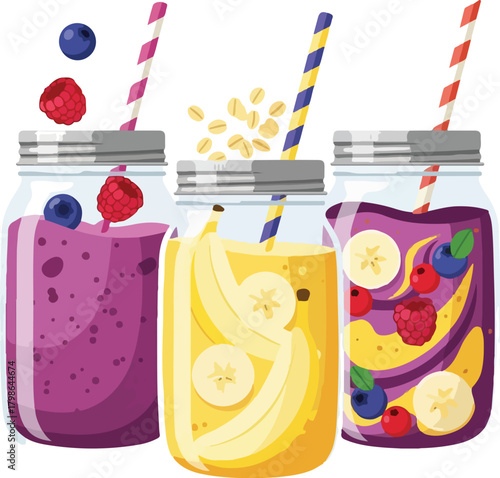Three Colorful Fruit Smoothies in Mason Jars with Fresh Ingredients