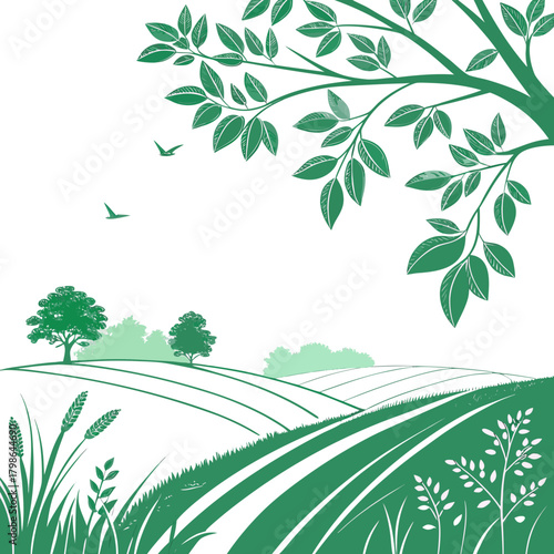 A vibrant green landscape illustration showcasing a tree, rolling hills, and birds in flight, capturing the essence of natures beauty and tranquility isolated on