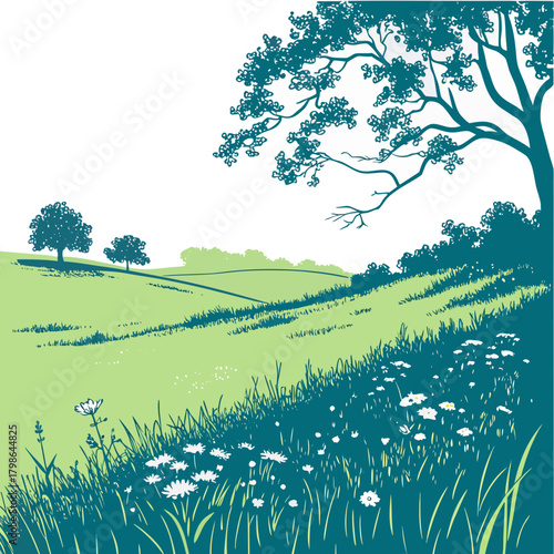 A serene countryside scene unfolds with rolling green hills, dotted with wildflowers and trees, under a clear sky, capturing the essence of rural tranquility