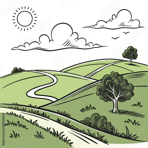 Illustration of a serene landscape with rolling green hills, a winding path, trees, bushes, clouds, and a bright sun, creating a peaceful and idyllic scene isolated on