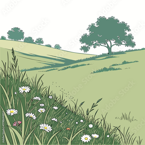 A picturesque countryside scene captures rolling green hills, adorned with wildflowers and trees, under a serene sky, embodying rural charm