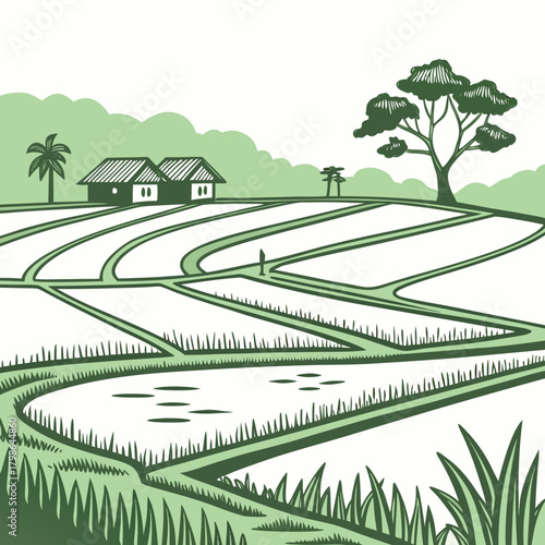 Tranquil rice paddy landscape with traditional houses and lush greenery, showcasing the beauty of rural agriculture and cultural heritage isolated on