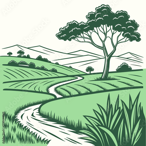 A picturesque landscape featuring a winding path leading through rolling green hills, adorned with lush trees and distant mountains, isolated on