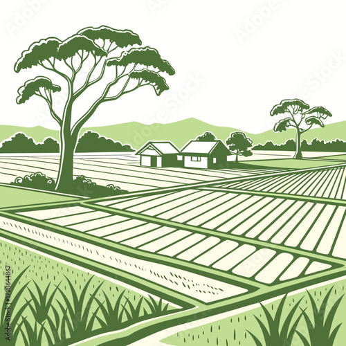 Illustration of a serene rice paddy landscape with traditional houses, lush trees, and distant mountains, evoking a sense of peace and rural beauty isolated on