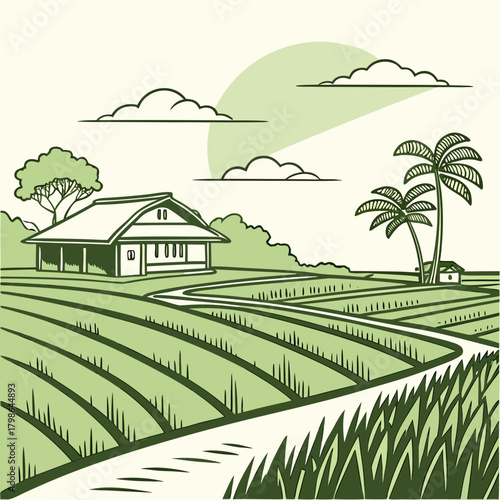 Illustration of a tranquil rice field scene with a traditional house, palm trees, and a winding path under a serene sky, capturing the essence of rural life isolated on