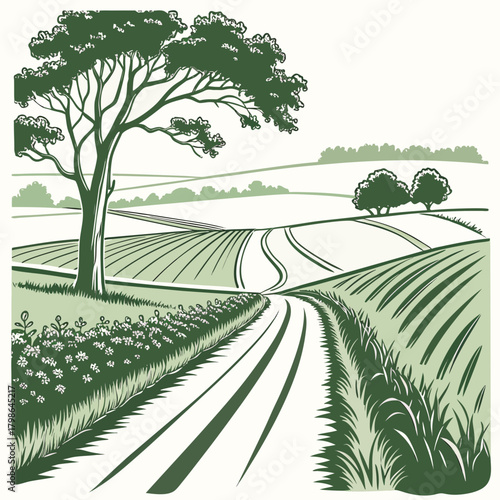 A tranquil countryside scene unfolds, showcasing rolling hills, a winding road, and verdant trees, creating a picturesque view of rural serenity isolated on