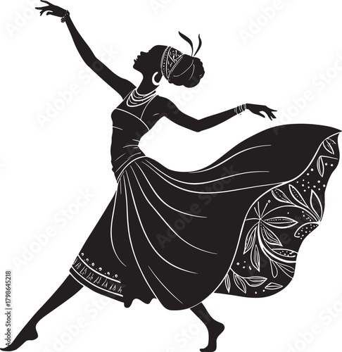 Kwanzaa african culture Black silhouette of a woman in a flowing dress dancing with arms outstretched and head tilted back
