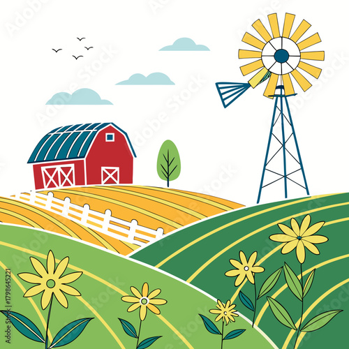 Charming farm landscape featuring a red barn, golden fields, and a whimsical windmill, capturing the essence of rural life and agricultural beauty