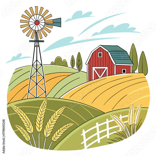 A charming cartoon illustration of a rural farm scene with a windmill, barn, rolling hills, and wheat fields under a blue sky isolated on