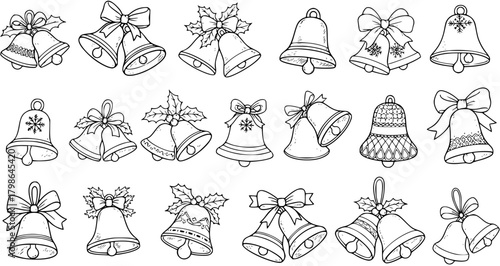 Christmas Bells Line Art Collection. Black and white outline drawings of festive jingle bells with bows and holly. Holiday season clip art set for coloring pages.