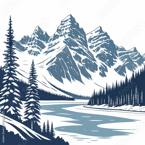Breathtaking view of snowcovered mountains reflected in a serene lake surrounded by evergreen trees, capturing the beauty of winter landscape, isolated on