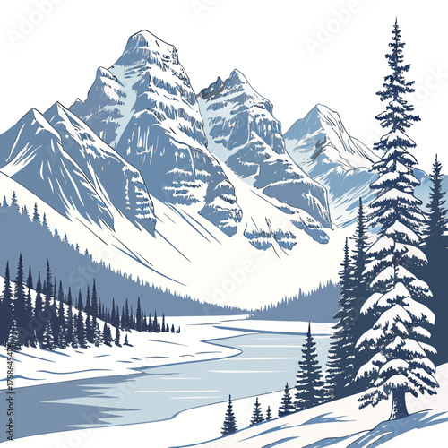 Majestic snowcapped mountains towering over a frozen lake and evergreen forest, creating a breathtaking winter wonderland, isolated on