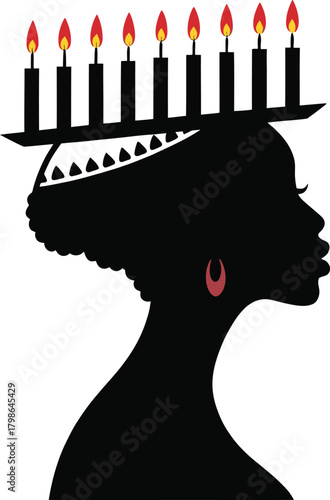 Kwanzaa african culture Black silhouette of a woman wearing a menorah with lit candles on her head and a red earring