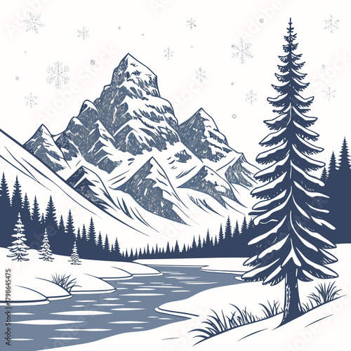 Serene winter landscape illustration featuring snowcapped mountains, a tranquil river, and towering pine trees, creating a peaceful and scenic view isolated on