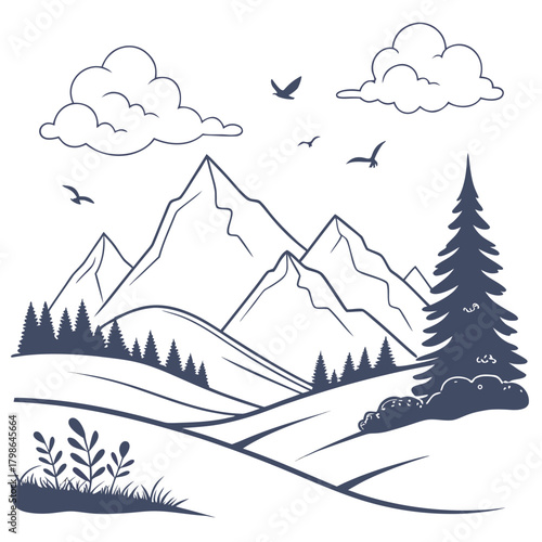 A serene mountain range illustration with rolling hills, evergreen trees, clouds, and birds in flight isolated on