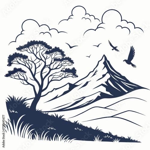 Majestic mountain landscape with a solitary tree, soaring birds, and dramatic clouds, creating a captivating and scenic vista isolated on