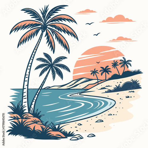 A picturesque beach landscape featuring swaying palm trees, a serene ocean, and a warm sunset, creating a tranquil and inviting scene isolated on