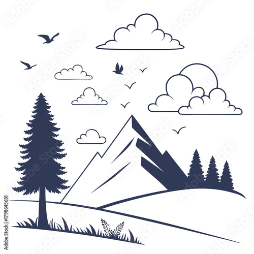 A minimalist mountain landscape illustration featuring a prominent peak, evergreen trees, clouds, and birds in flight isolated on
