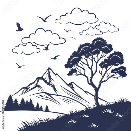 Scenic mountain landscape with a majestic peak, lush trees, and birds in flight, creating a tranquil and picturesque scene isolated on