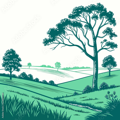 Scenic countryside vista showcasing verdant hills, a solitary tree standing tall, and a gentle stream meandering through the landscape isolated on