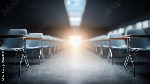 Dramatic empty exam hall classroom with desk and chair rows. Bright light at end suggests hopeful future in school and education