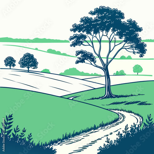A serene countryside scene unfolds with rolling green hills, a winding dirt road, and a majestic tree standing tall, creating a peaceful and inviting landscape