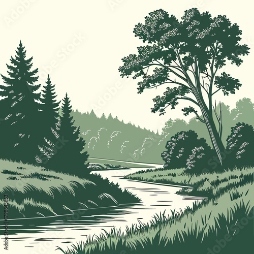 A peaceful river meanders through a verdant forest, with tall trees and lush vegetation creating a serene and inviting natural landscape