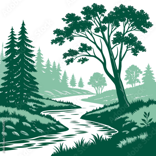 Scenic river landscape with lush green trees and a winding stream, creating a serene and picturesque view of natures beauty isolated on