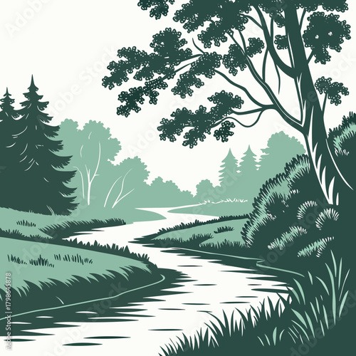 Scenic river landscape with lush green trees and a winding stream, creating a serene and picturesque view of natures beauty isolated on