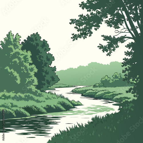 Scenic river landscape with lush green trees and a winding stream, creating a serene and picturesque view of natures beauty isolated on