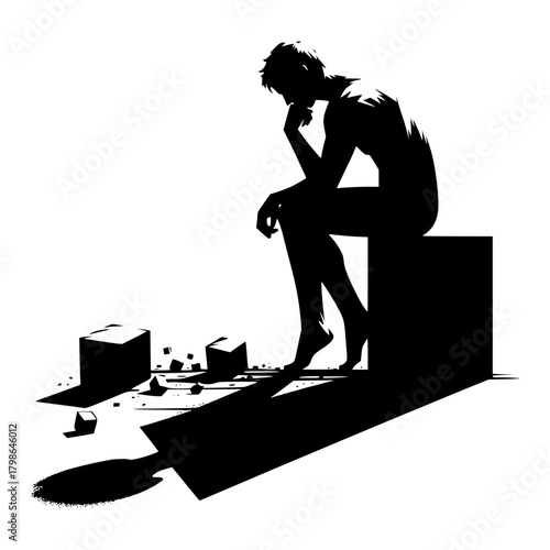 silhouette of distressed person seated on a cube vetcor illustration