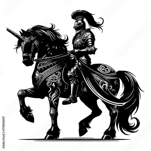 A medieval knight riding a black unicorn vector image illustration