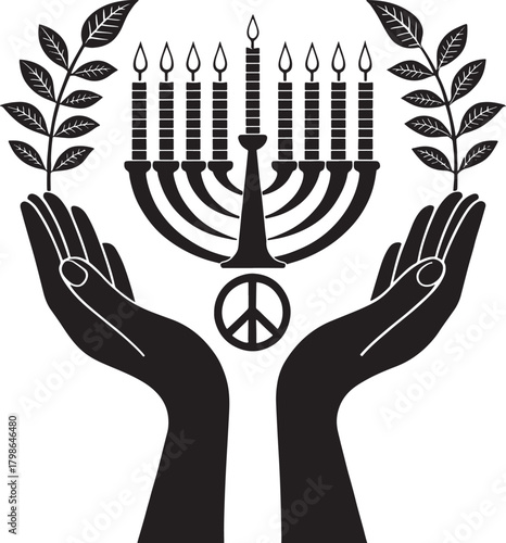 Kwanzaa african culture Black silhouette of hands holding menorah peace symbol and olive branches black and white