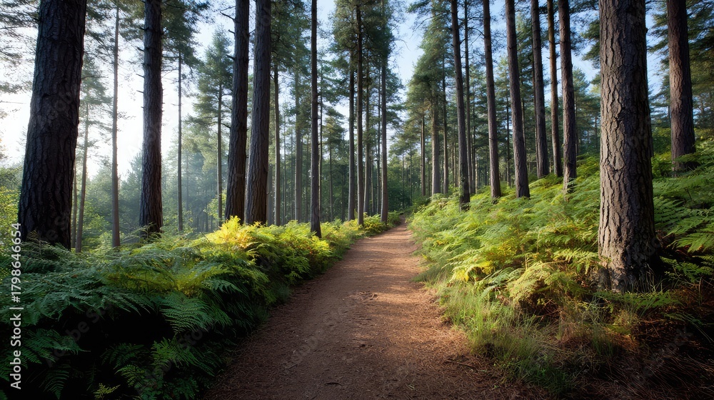 Obraz premium Serene Forest Pathway Surrounded by Lush Green Ferns and Towering Pine Trees in Early Morning Light Capturing the Essence of Nature's Tranquility