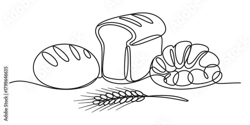 Continuous line drawing of various bakery products and wheat.