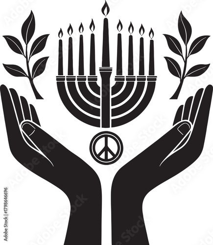 Kwanzaa african culture Black silhouette of hands holding menorah peace symbol and olive branches hanukkah