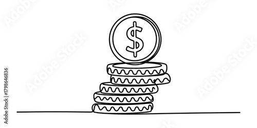 Continuous line drawing of stacked dollar coins, financial concept