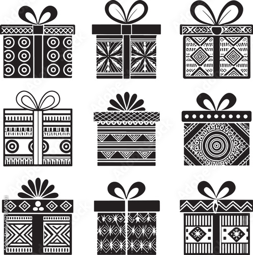 Nine kwanzaa african culture black and white gift boxes with diverse decorative patterns and bows present