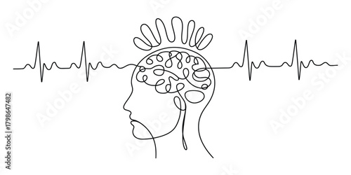 Continuous line art brain and mental wave on transparent background