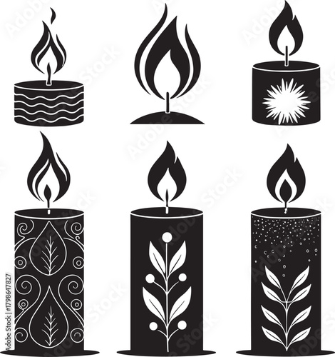 Six kwanzaa african culture black and white stylized candle icons with decorative elements and flames