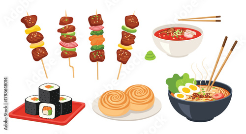 A delicious selection of Asian street food dishes including sushi noodles and skewers.