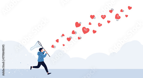 A person runs and catches hearts with a net in a minimalist landscape.