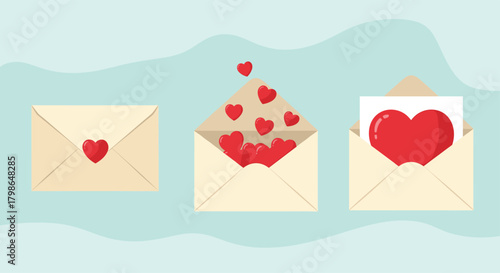 Envelopes filled with love hearts symbolizing affection and romance delivered through mail.