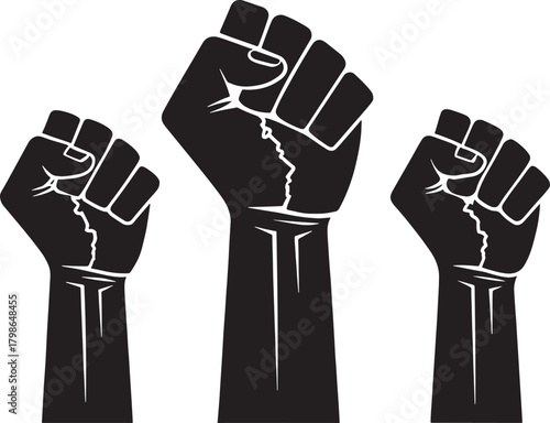 Three kwanzaa african culture black raised fists in a row against a white background protest power