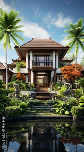 Luxurious tropical villas with lush garden landscapes reflecting in calm water bodies