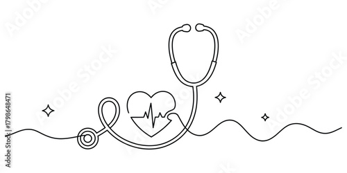 Continuous line drawing of stethoscope with heart and ecg waveform