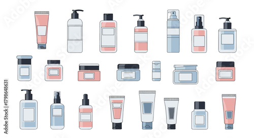 Collection of cosmetic and skincare product containers with various dispensers and caps.