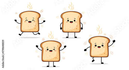 Four happy toasted bread slices dancing with joy.